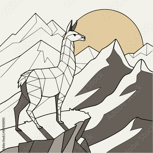 Geometric llama standing on rocky mountain peak under a large sun