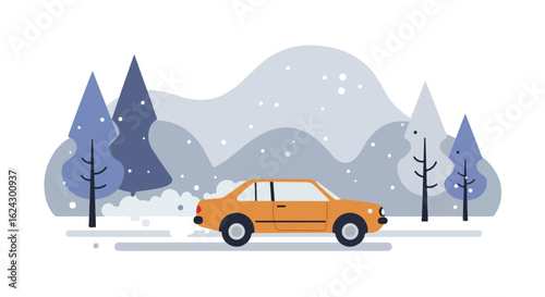 Orange car driving on a snowy road, winter scene, mountains and falling snow behind