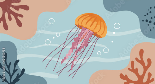 Jellyfish swimming calmly in ocean with coral and bubbles, for use as wallpaper