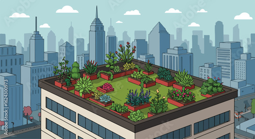 Rooftop garden growing plants with city skyline backdrop illustrating sustainability