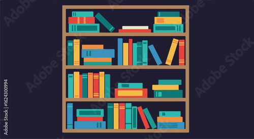 Books in bookcase against plain backdrop for education or leisure illustration use