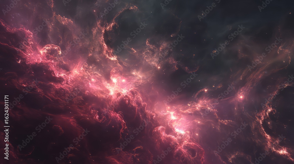 Naklejka premium Vibrant Red And Pink Nebula In Deep Space
