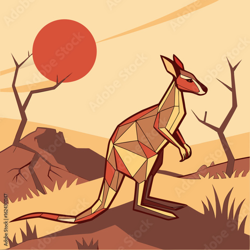 Stylized kangaroo in a desert landscape under a red sun