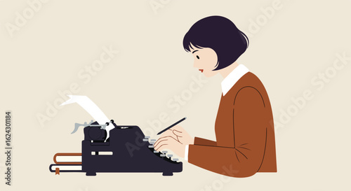 Illustrator of female at typewriter on neutral background composing story