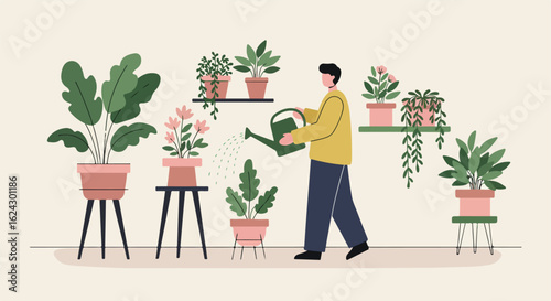 Person Waters Plants at Home, Potting Display. Use Wellbeing and Home-life