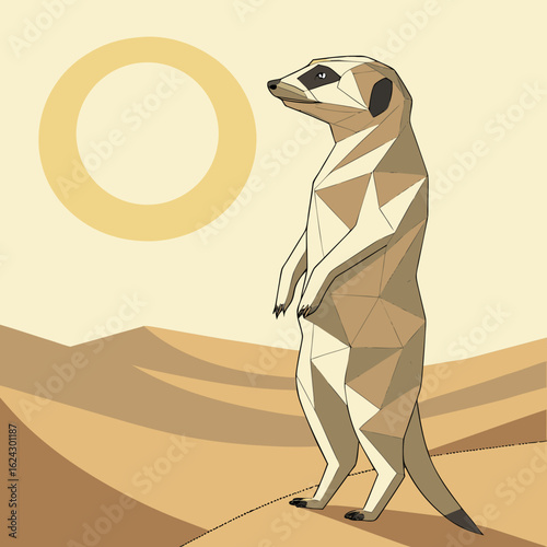 Geometric meerkat standing guard in a desert landscape under a large sun