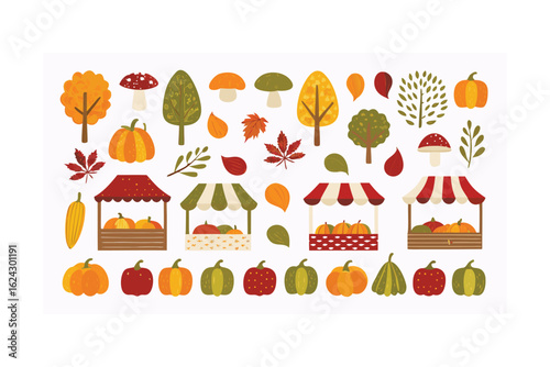 Mushroom Market with Harvest Bounty set. Editable vector file.  