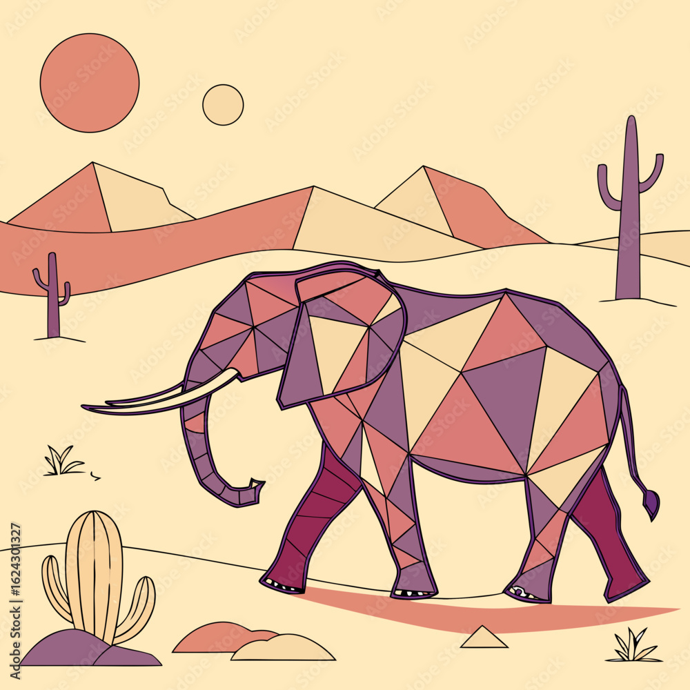 Obraz premium Stylized geometric elephant walking through a desert landscape