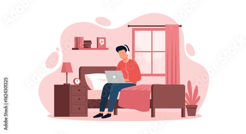 Man working on laptop from bed, perfect for blog posts about remote work, work-life balance, or online learning.