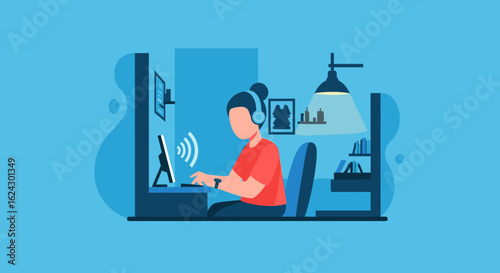 Person working from home at night, perfect for remote work or freelance articles.