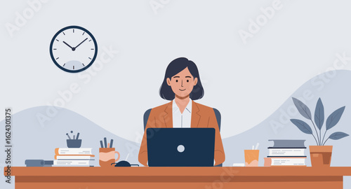 Smiling businesswoman working on laptop at her desk, perfect for website banners or business brochures.