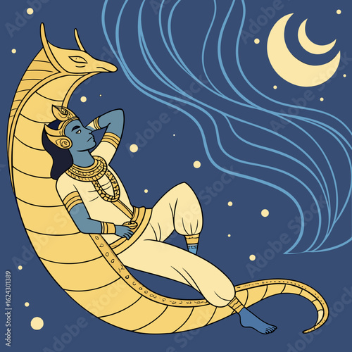 Mythological figure resting on a golden serpent under a crescent moon