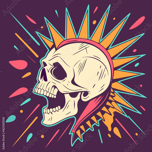 Screaming skull with punk mohawk and colorful abstract background