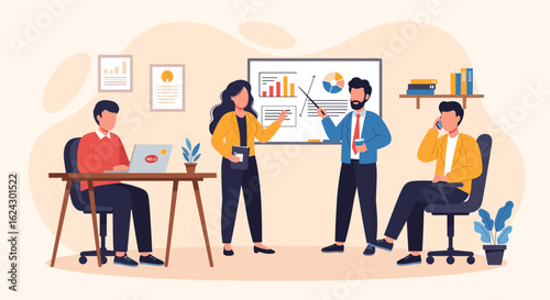 Business team meeting, brainstorming and presenting data on a whiteboard. Ideal for presentations, reports, and website landing pages.
