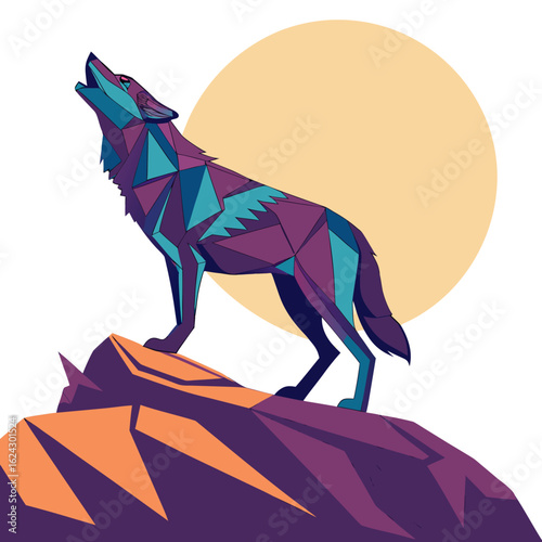 Geometric wolf howling at the moon on a rocky outcrop