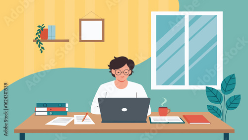 Person working from home on laptop, perfect for remote work, freelance, and work-life balance websites and brochures.