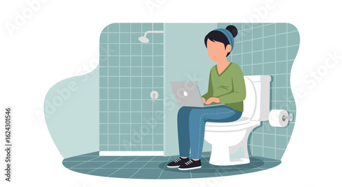Woman working on laptop in bathroom - Illustration for articles about work-life balance, remote work challenges, or humor.