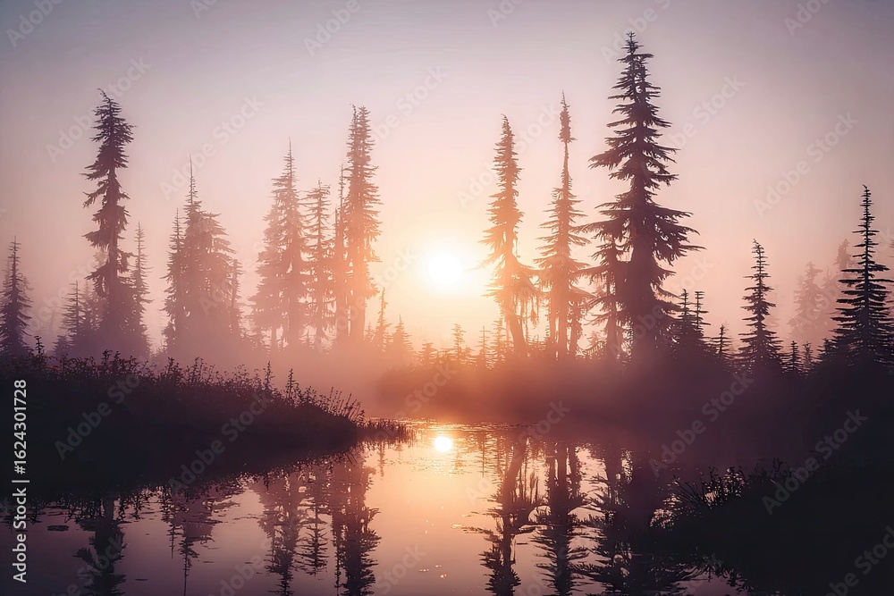 Fototapeta premium Misty sunrise over a tranquil forest pond