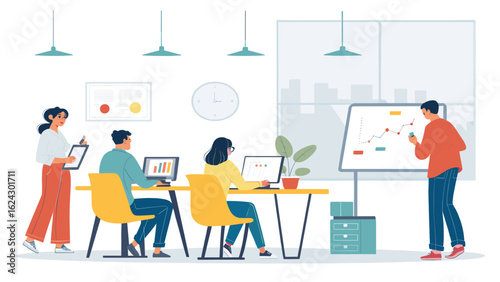 Teamwork in a modern office: Diverse group collaborating on project, perfect for website or presentation.