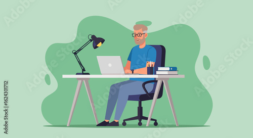 Smiling man working on laptop at home office, perfect for website banners or blog posts about remote work.