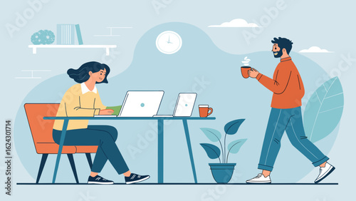 Modern illustration of two coworkers in an office, perfect for articles about teamwork, collaboration, or office life.