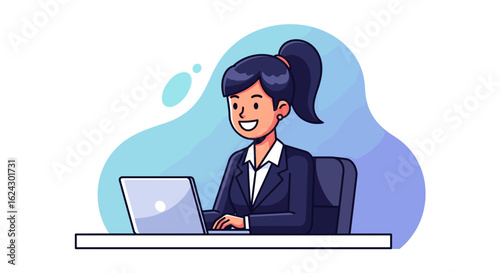 Happy businesswoman working on laptop, perfect for websites, presentations, and marketing materials.