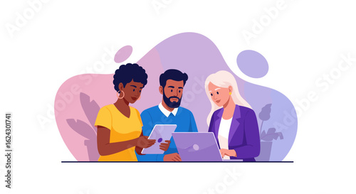 Diverse team collaborating on a project using laptop and tablet. Ideal for websites, presentations, and marketing materials.