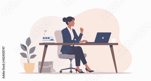 Professional Black Businesswoman Working on Laptop at Desk, Perfect for Website or Brochure