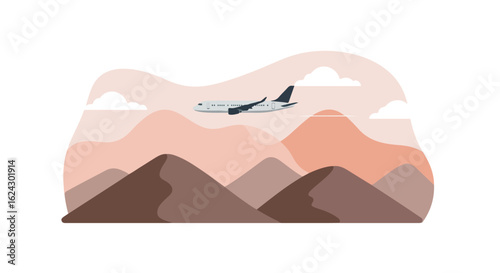 Airplane flying over the mountains with white clouds for a travel advertisement