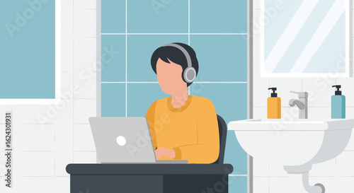 Person working on laptop in bathroom, perfect for illustrating work-life balance or remote work.