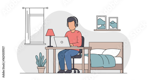 Person working from home on laptop, illustration perfect for blog posts about remote work or work-life balance.