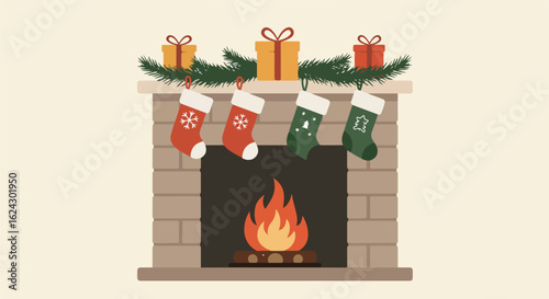 Holiday stockings hang above fireplace. Presents sit on the mantle; fire burns