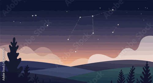 Observing Ursa Major constellation over forest hills at sunset. For education