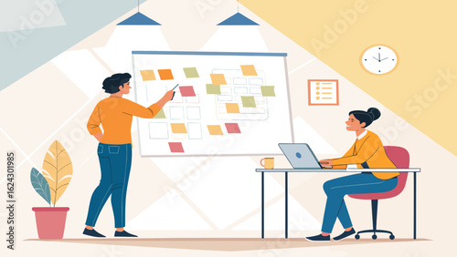 Two colleagues collaborating on a project using sticky notes and a whiteboard; perfect for illustrating teamwork and project management.