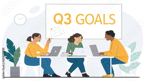 Diverse team brainstorming Q3 goals, perfect for business presentations or marketing materials.
