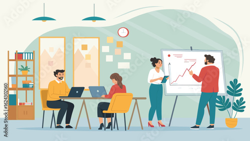 Teamwork in modern office, business meeting, presentation of growth chart. Ideal for website landing pages, brochures, and reports.