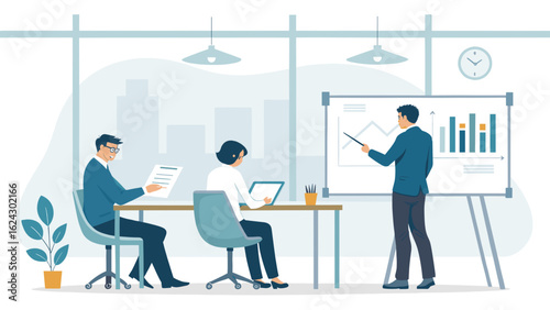 Business team meeting: presentation and analysis of financial data. Ideal for landing pages, reports, and business brochures.