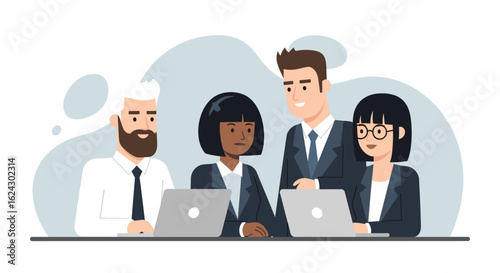 Diverse business team collaborating on laptops. Ideal for websites, presentations, and marketing materials.