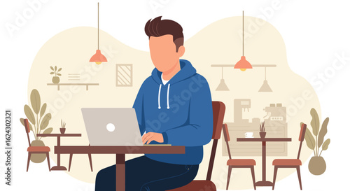 Man working on laptop in cafe, perfect for website banners or blog posts about remote work.