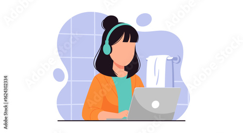 Woman working on laptop in bathroom, perfect for blog posts about work-life balance or remote work.