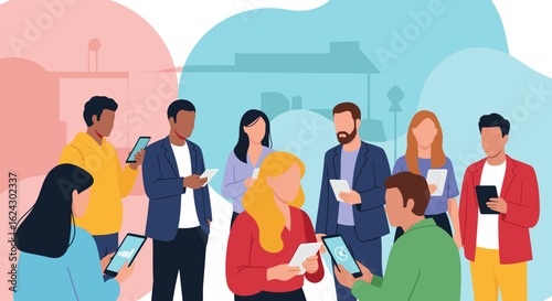 Diverse group of people using smartphones and tablets, ideal for a website or app showcasing technology and communication.