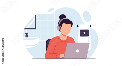 Person working on laptop in bathroom, perfect for illustrating work-life balance or remote work articles.