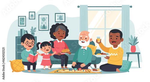 Happy multigenerational family playing a board game together at home. Ideal for family, togetherness, and generational connection themes.