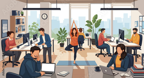 Modern Office Workers with Yoga Break - Illustration for Wellness Programs