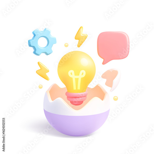 Vibrant 3D light bulb with gear, speech bubble, and lightning, symbolizing innovation, ideas, discussion, and productivity. 3d vector illustration