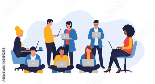 Diverse team of professionals collaborating on laptops, perfect for websites and presentations on teamwork and technology.
