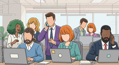 Diverse team of office workers collaborating on laptops and phones, ideal for business presentations or website landing pages.