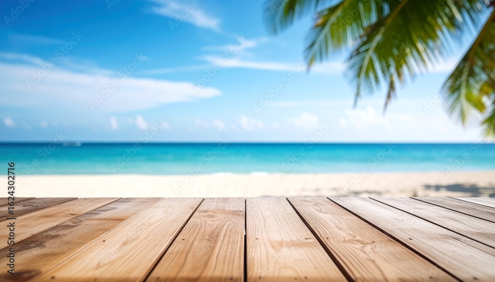 Fototapeta premium Scenic tropical beach paradise, wooden table top with palm tree view