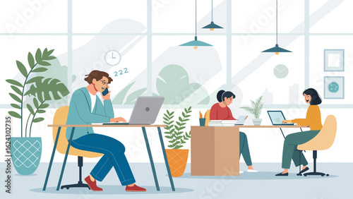 Modern Coworking Space: Illustration of a Team Working on Laptops and Phones