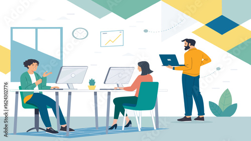 Teamwork in a modern office: Illustration of colleagues collaborating on projects, ideal for websites, presentations, and marketing materials.